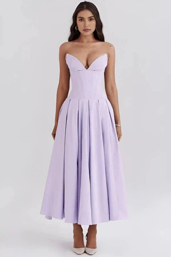Women’s Strapless Evening Midi Dress Polyester for Spring