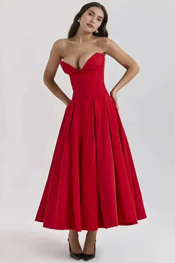 Women’s Strapless Evening Midi Dress Polyester for Spring