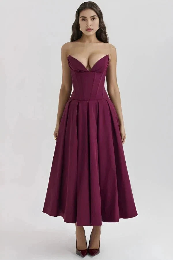 Women’s Strapless Evening Midi Dress Polyester for Spring