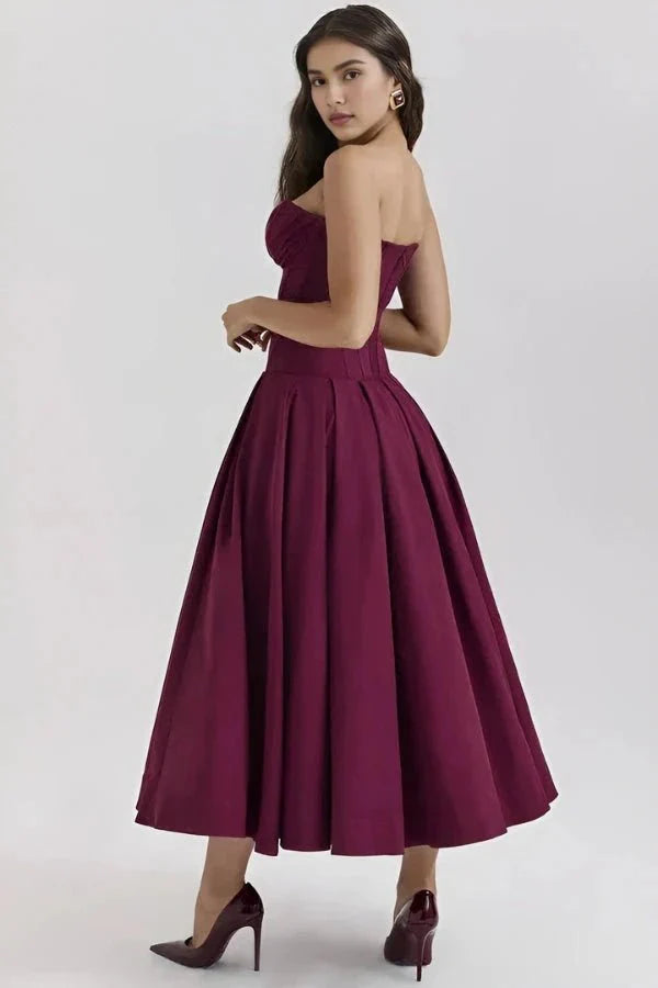 Women’s Strapless Evening Midi Dress Polyester for Spring