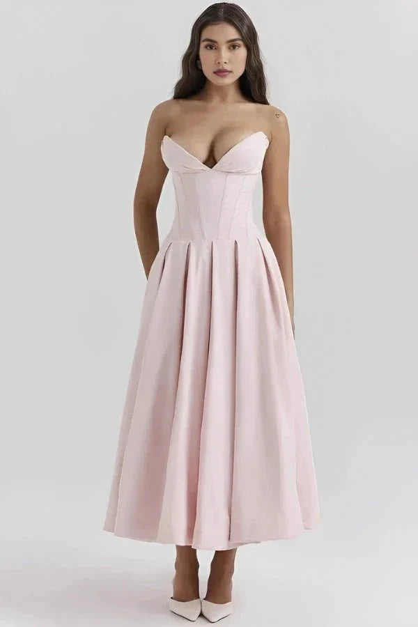 Women’s Strapless Evening Midi Dress Polyester for Spring