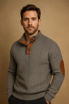 Men’s Cable Knit Wool Jumper with Button Collar for Winter