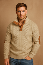 Men’s Cable Knit Wool Jumper with Button Collar for Winter