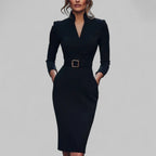 Women’s Wool Blend Belted Sheath Midi Dress for Winter