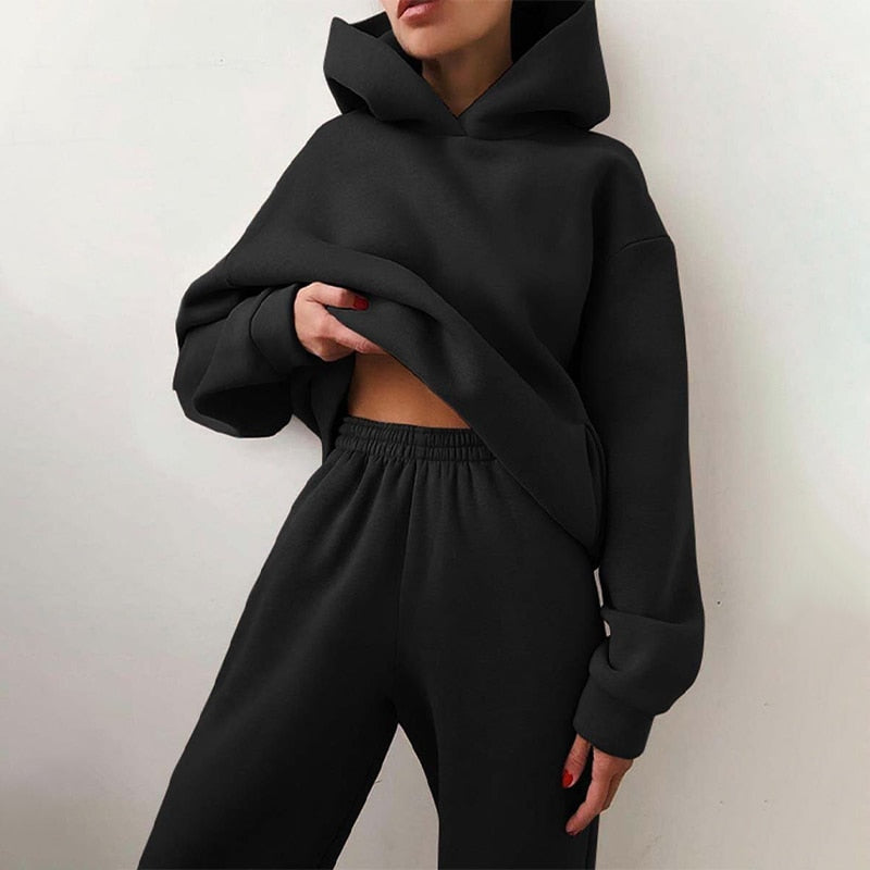 Women’s Cotton Fleece Hoodie and Jogger Set for Winter Lounge Wear