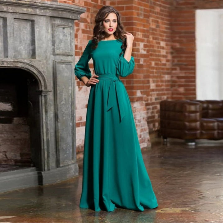 Women’s Long Sleeve Maxi Dress with Waist Tie for Spring