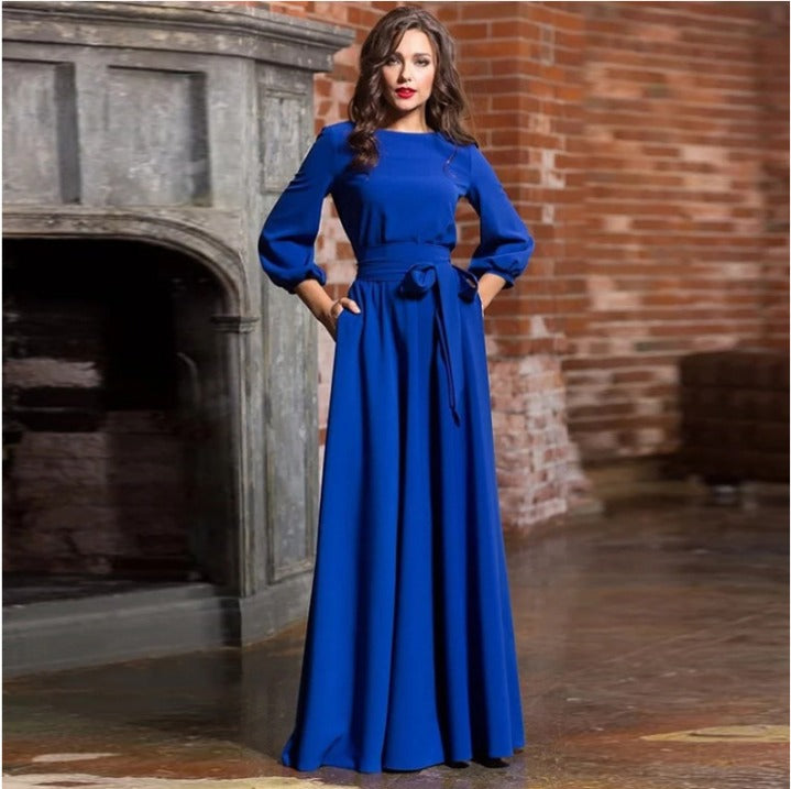 Women’s Long Sleeve Maxi Dress with Waist Tie for Spring