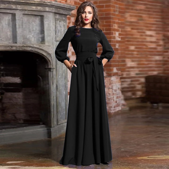 Women’s Long Sleeve Maxi Dress with Waist Tie for Spring