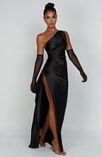 Women’s One Shoulder Evening Maxi Dress in Polyester for Winter Events