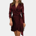 Women’s Sequin Wrap Mini Dress in Polyester for Winter Evening Wear