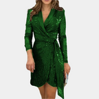 Women’s Sequin Wrap Mini Dress in Polyester for Winter Evening Wear