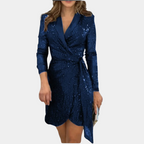 Women’s Sequin Wrap Mini Dress in Polyester for Winter Evening Wear