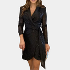 Women’s Sequin Wrap Mini Dress in Polyester for Winter Evening Wear
