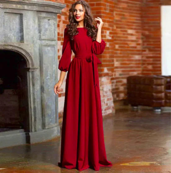 Women’s Long Sleeve Maxi Dress with Waist Tie for Spring