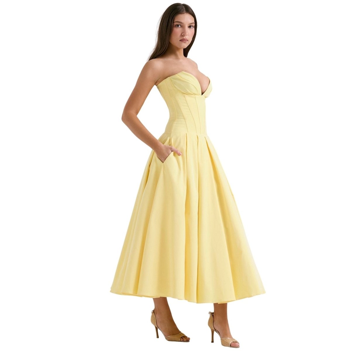 Women’s Strapless Evening Midi Dress Polyester for Spring